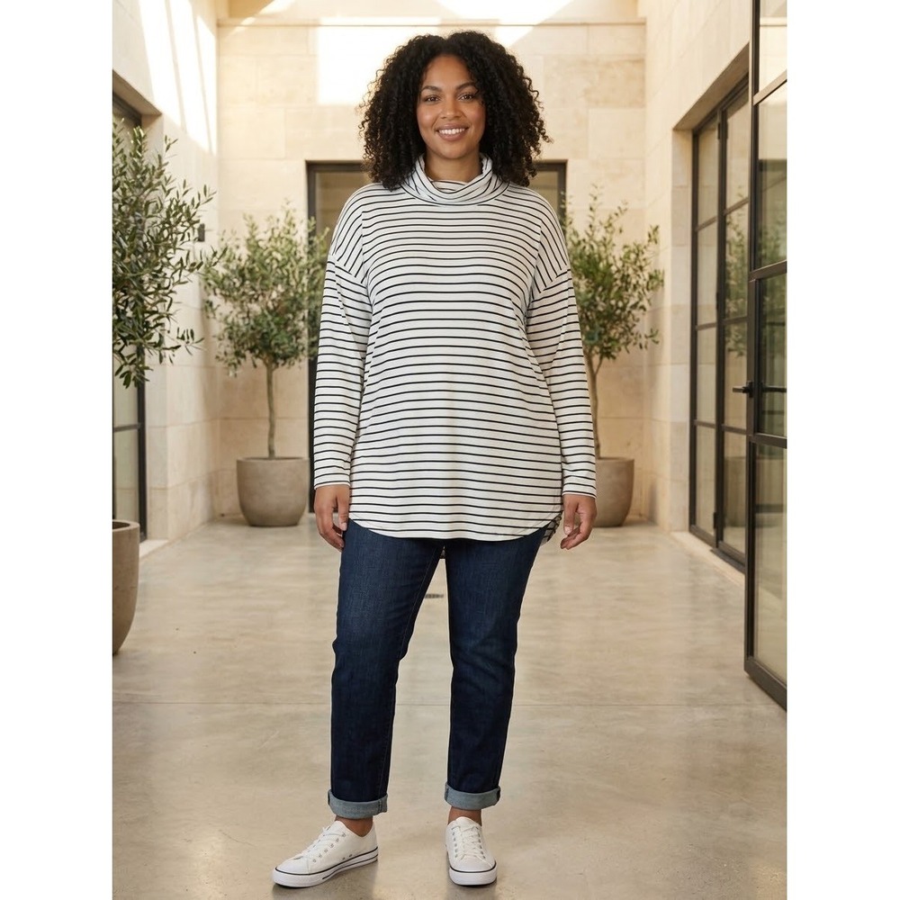 Liz Claiborne Weekend Striped Cowl Neck Tunic Top XL Crema Multi Stripe NEW